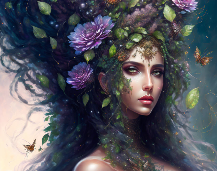 Woman portrait with floral motifs and butterflies for a serene vibe