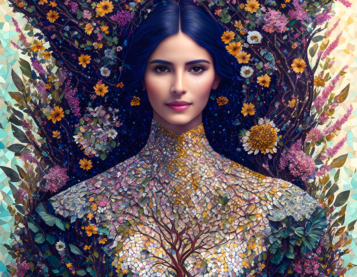 Digital artwork: Woman's portrait fused with floral and mosaic tree motifs