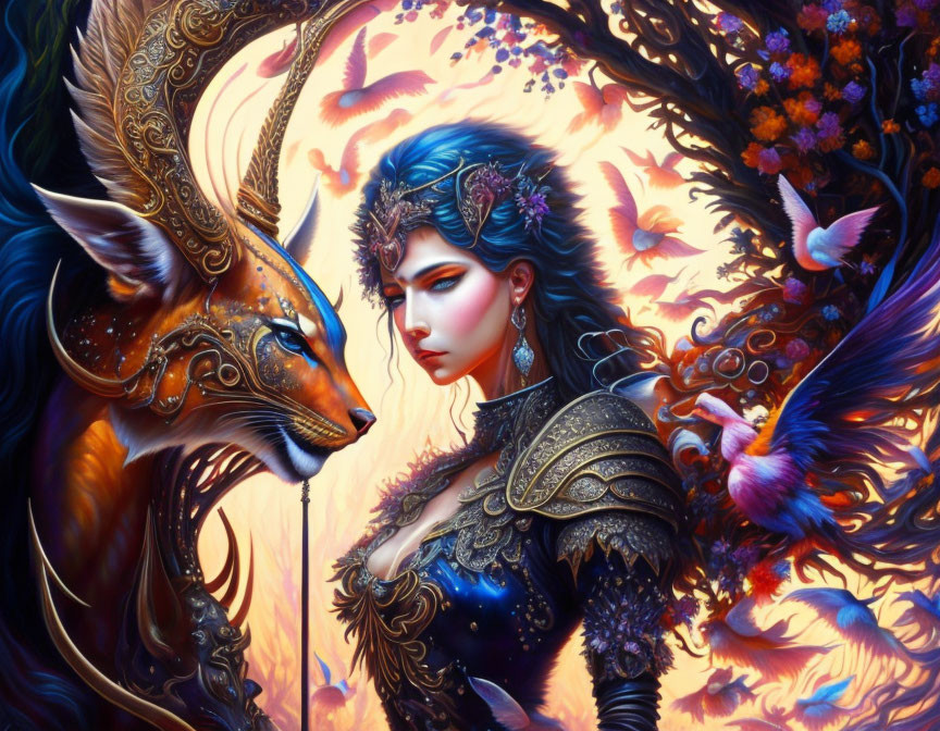 Fantastical Artwork: Woman in Ornate Armor with Regal Animal and Intricate Antlers