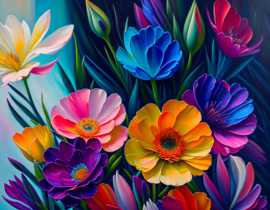 Colorful Flower Painting with Vibrant Petals and Green Foliage