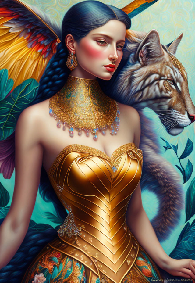 Blue-haired woman in golden corset with lifelike wolf and exotic birds in botanical background
