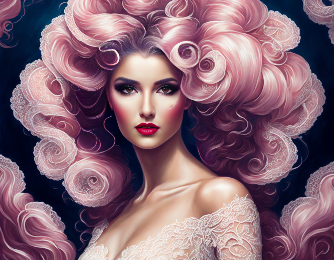 Voluminous pink curls, piercing gaze, ornate lace garment.