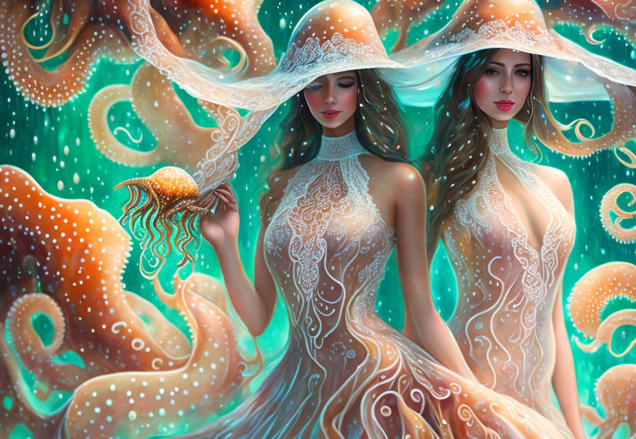Ethereal women in wide-brimmed hats with octopus-inspired attire in vibrant underwater setting