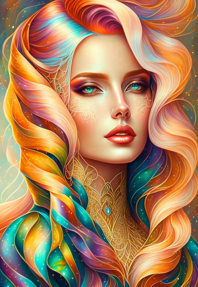 Colorful illustration of a woman with multicolored hair and golden tattoos