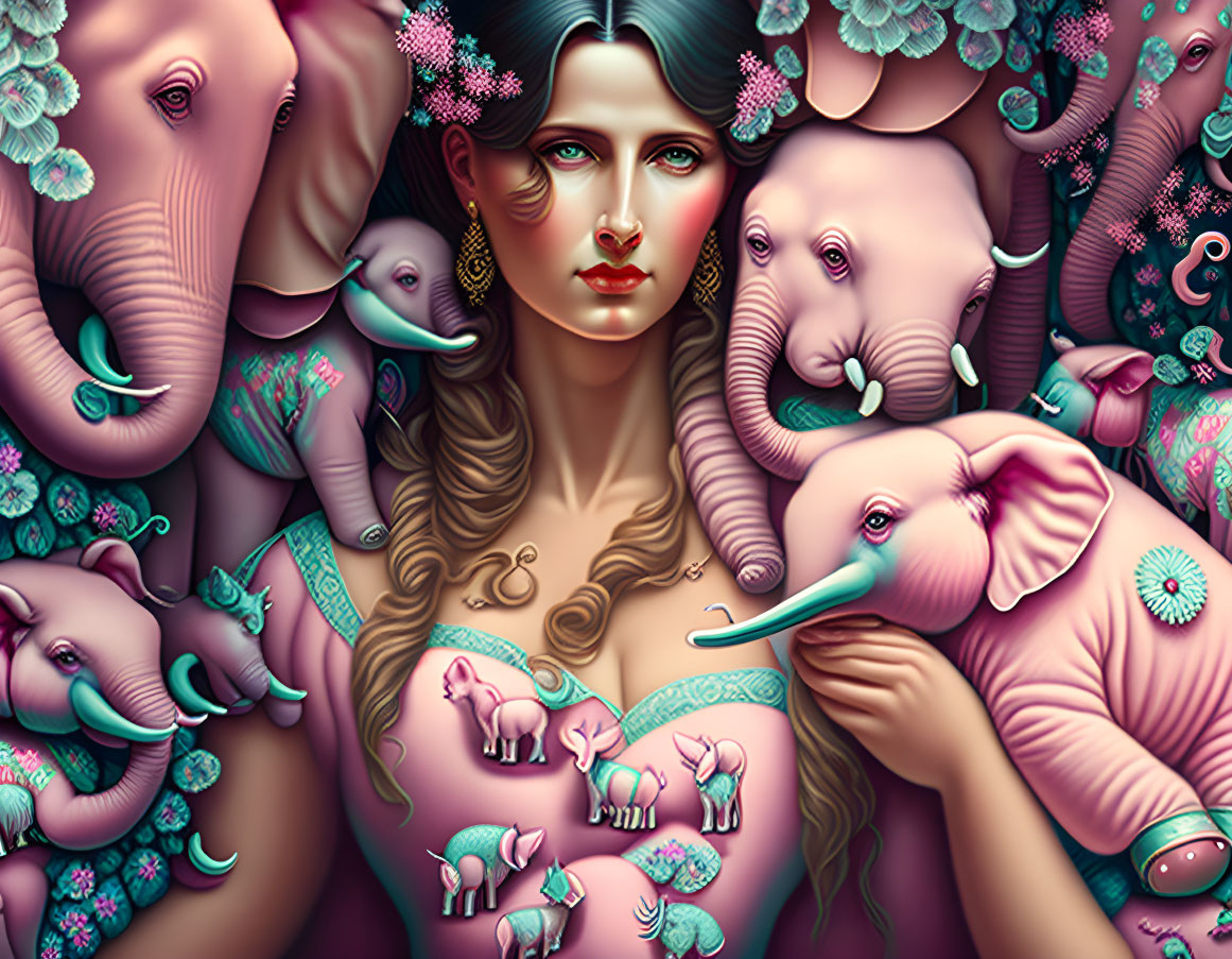 Woman with Blue Eyes and Brown Hair Surrounded by Pink Elephants in Fantastical Scene