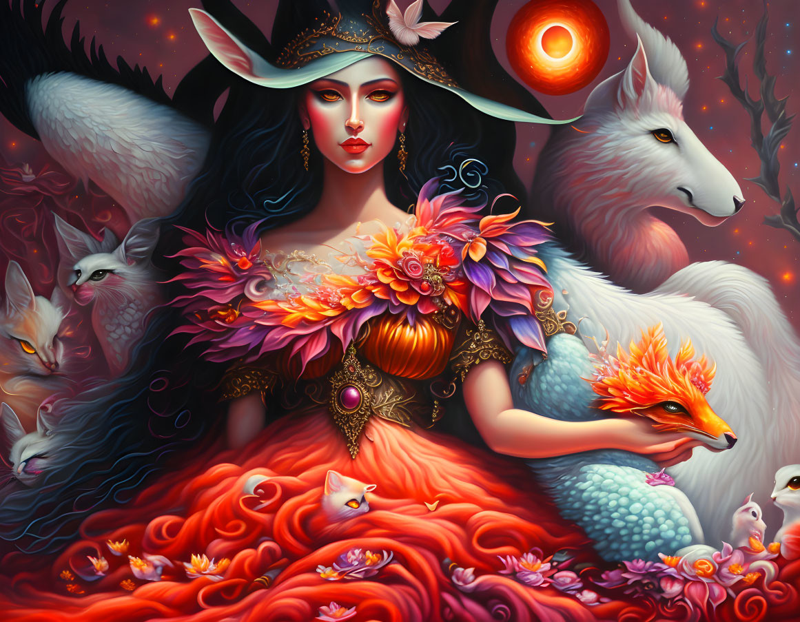Fantastical woman with mythical creatures and vibrant attire in starry setting