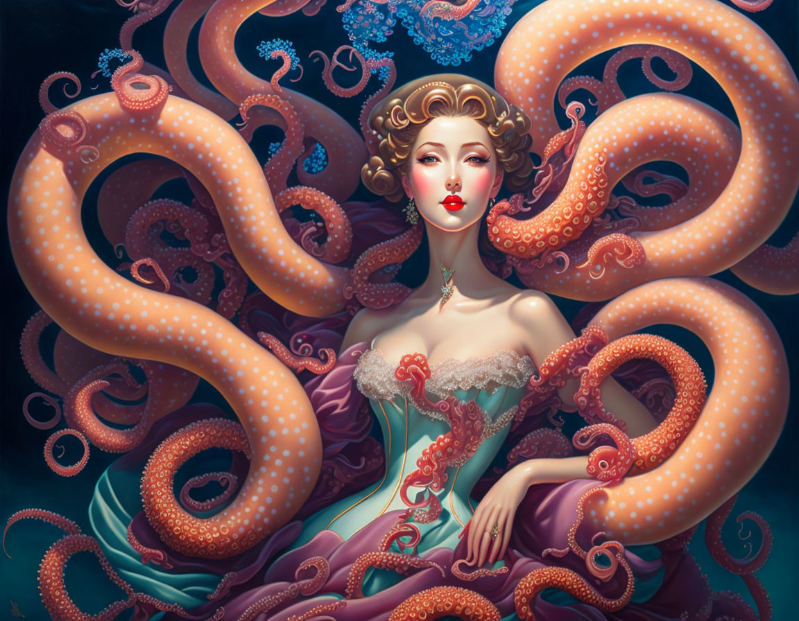 Victorian hairstyle woman surrounded by large octopus tentacles underwater