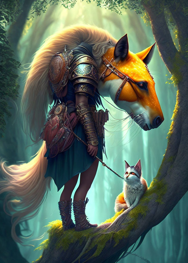 Fox-headed warrior in armor with shield on tree branch with small white fox in green forest.
