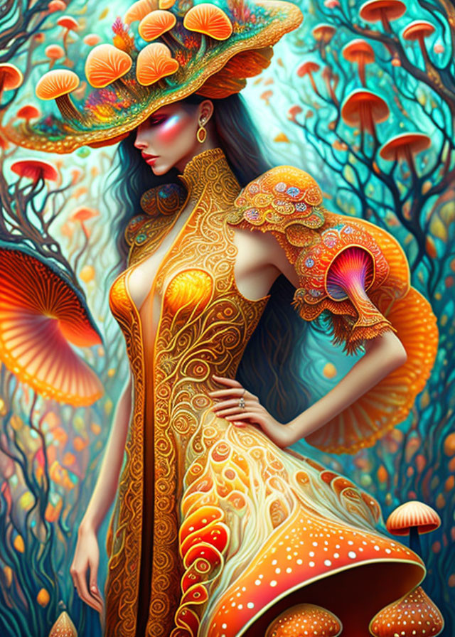 Woman in vibrant mushroom-themed dress and hat in fantastical forest full of stylized fungi