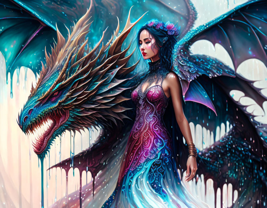 Fantasy illustration of woman with horned headdress next to majestic blue dragon