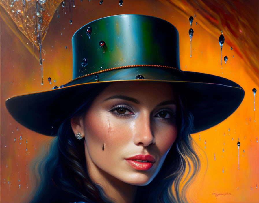 Multicolored top hat portrait with water droplets on face and hat.