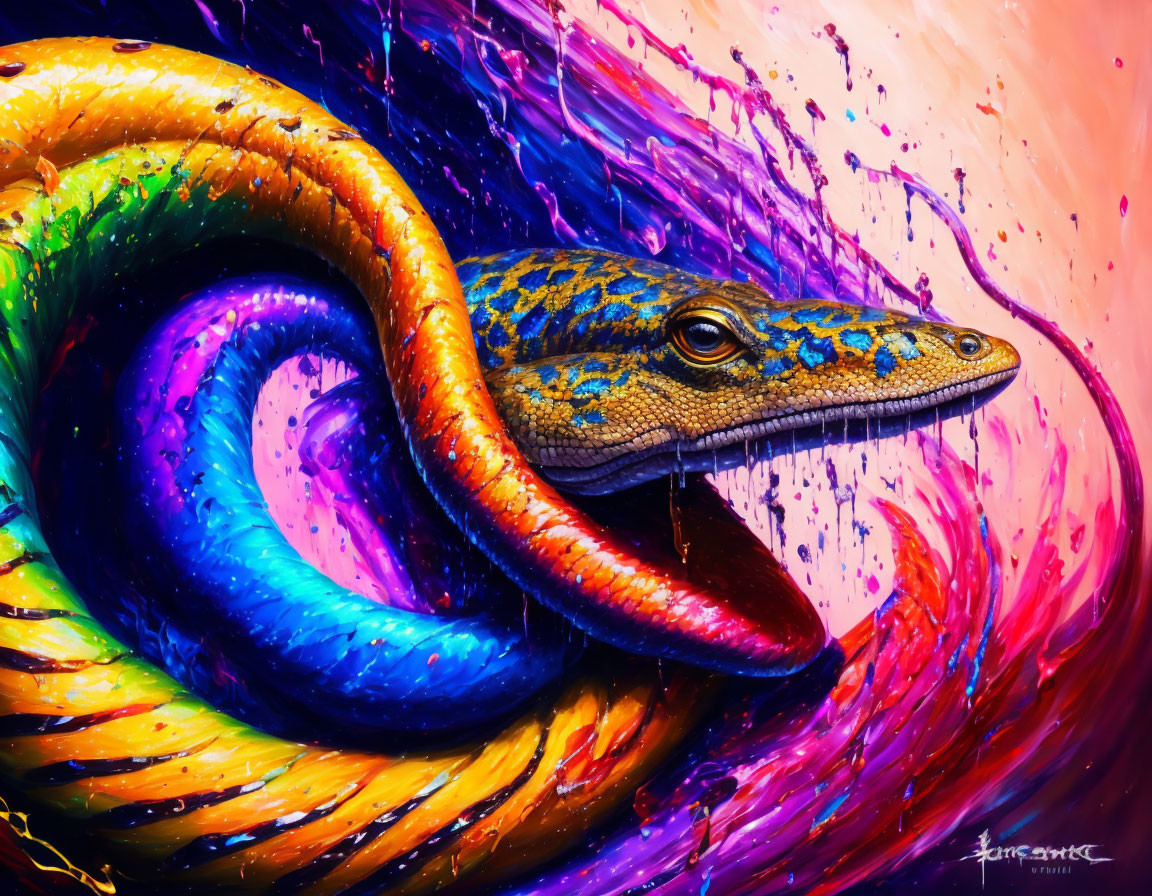 Colorful Lizard Painting with Rainbow Tail on Swirling Background