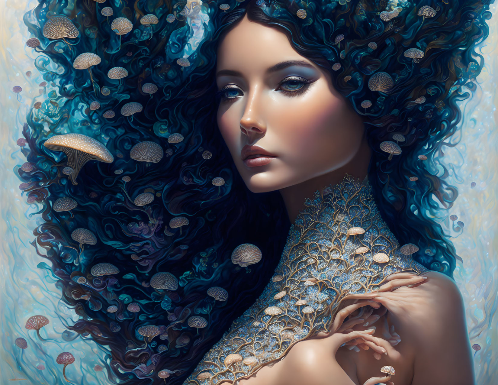 Surreal image: Woman with blue hair among jellyfish in dreamy underwater scene