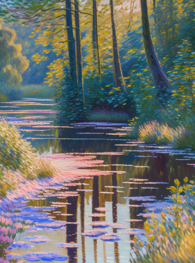 Tranquil forest scene with trees and foliage reflected in calm river