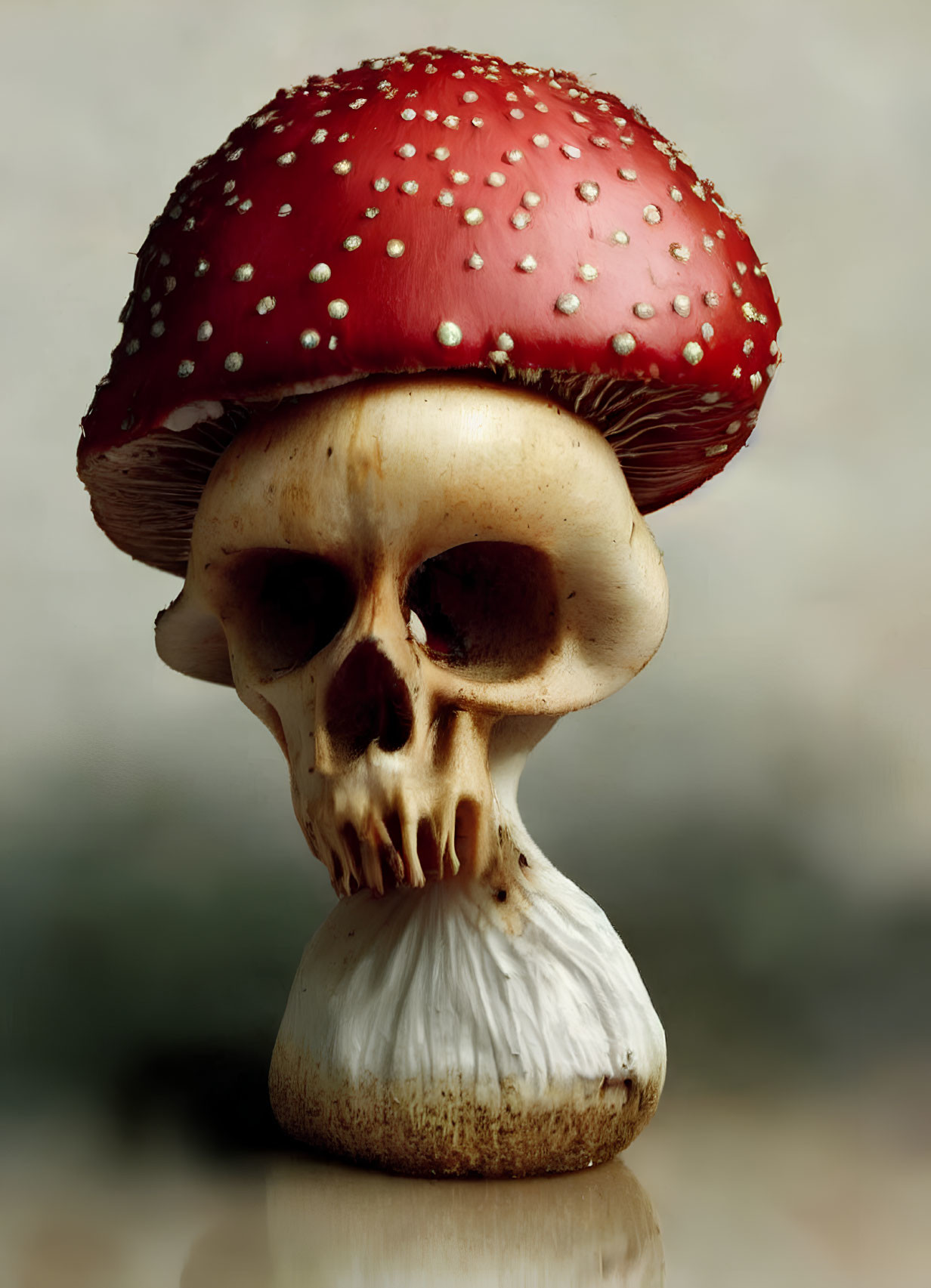 Surreal illustration: Skull with red & white mushroom cap