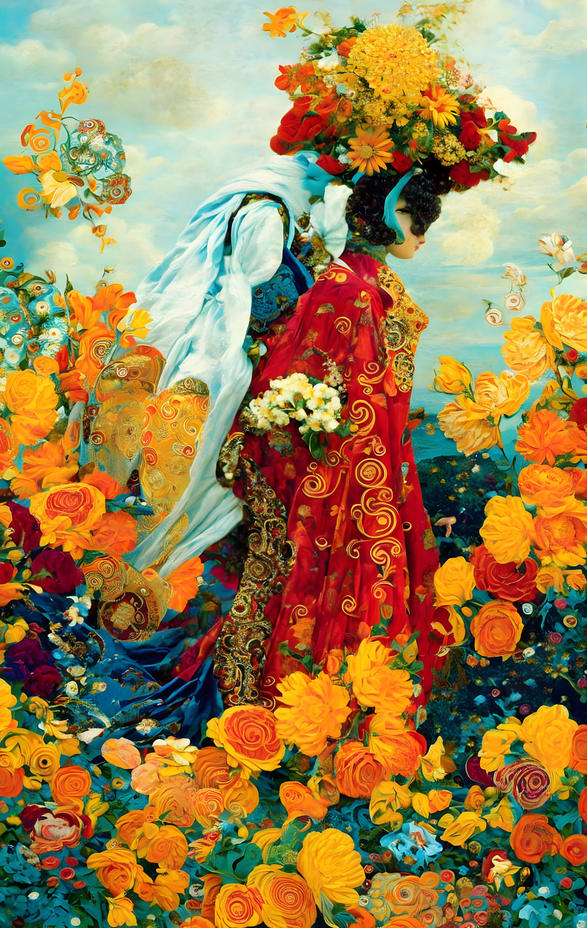 Colorful Artwork of Elegantly Dressed Figures Among Vibrant Flowers