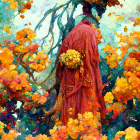 Colorful Artwork of Elegantly Dressed Figures Among Vibrant Flowers