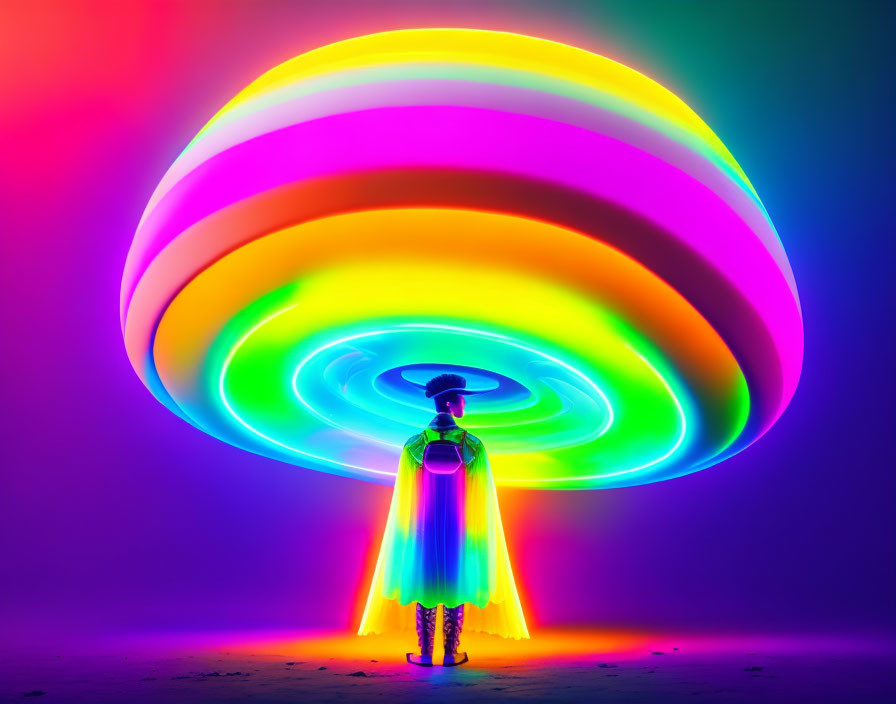 Vibrant neon rainbow light trails in concentric circles