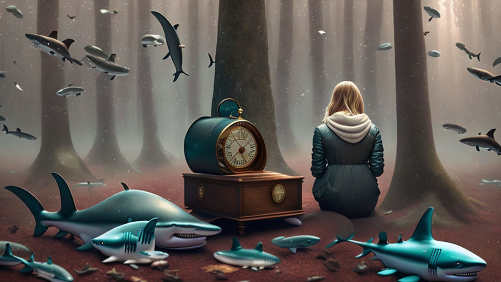 Person in hoodie faces giant clock in surreal underwater forest with swimming sharks