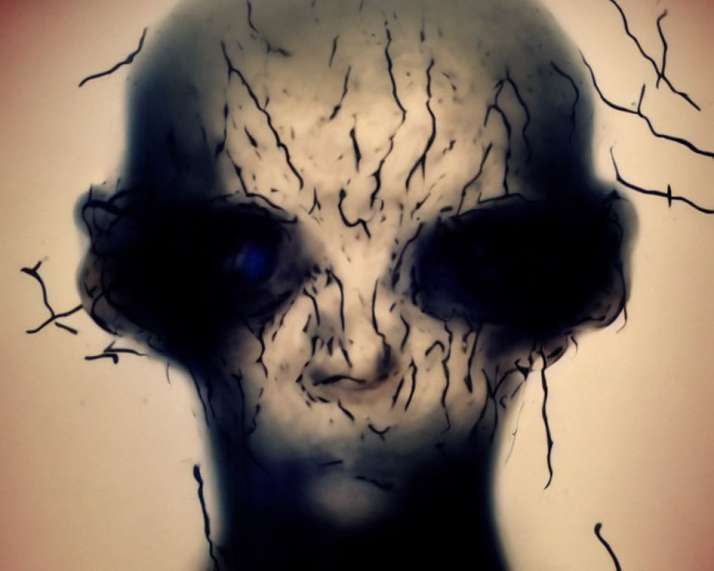 Eerie alien face with prominent eyes and cranial veins on shadowy background