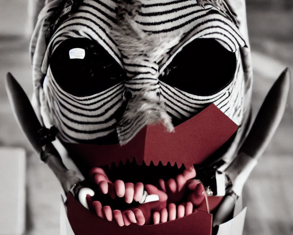 Detailed Striped Pattern Mask with Bulging Eyes, Sharp Teeth, and Knives