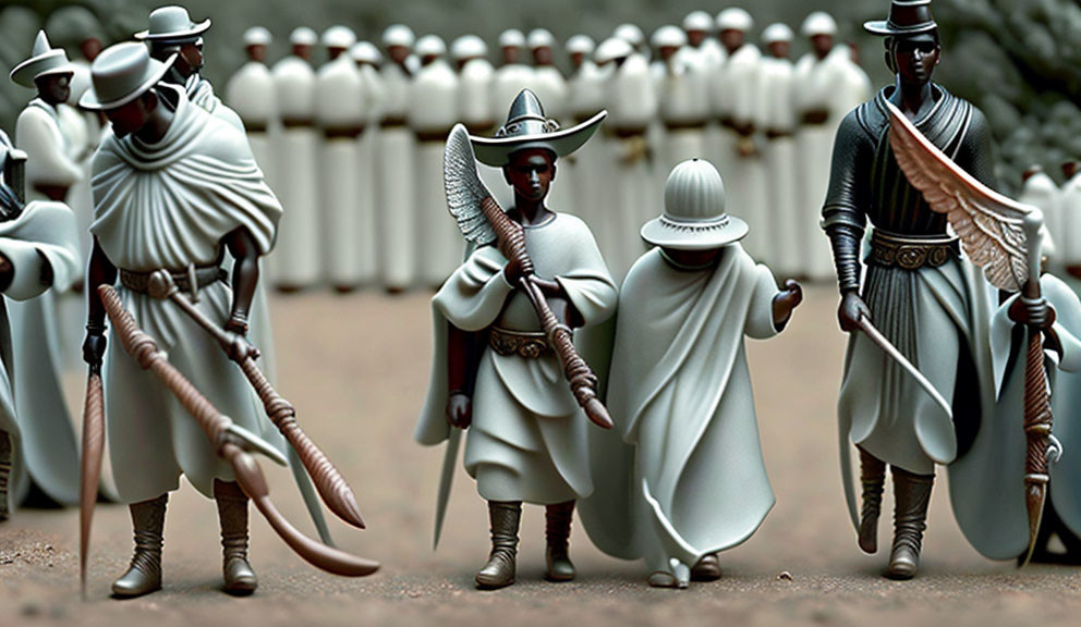 Stylized historical figurines in cloaks with weapons depicting battle scene