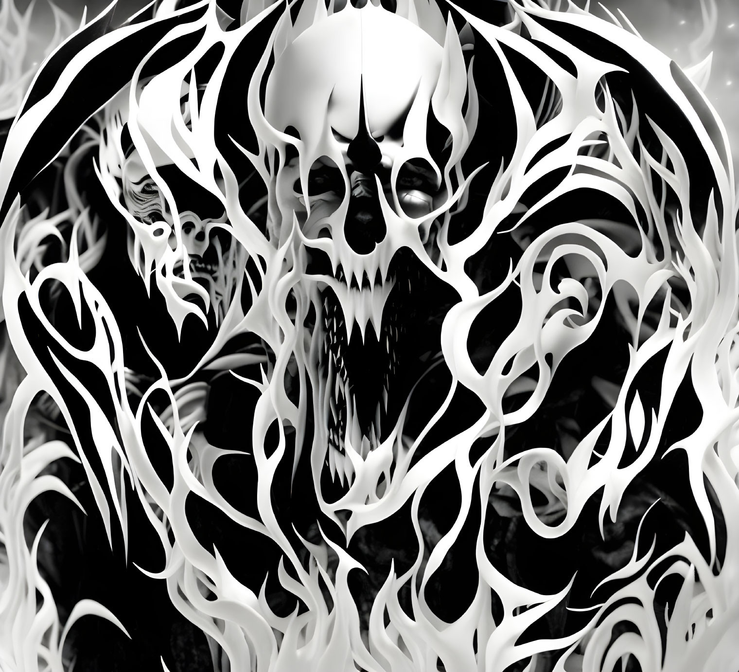 Monochrome graphic of skull-like faces in swirling flame-like patterns