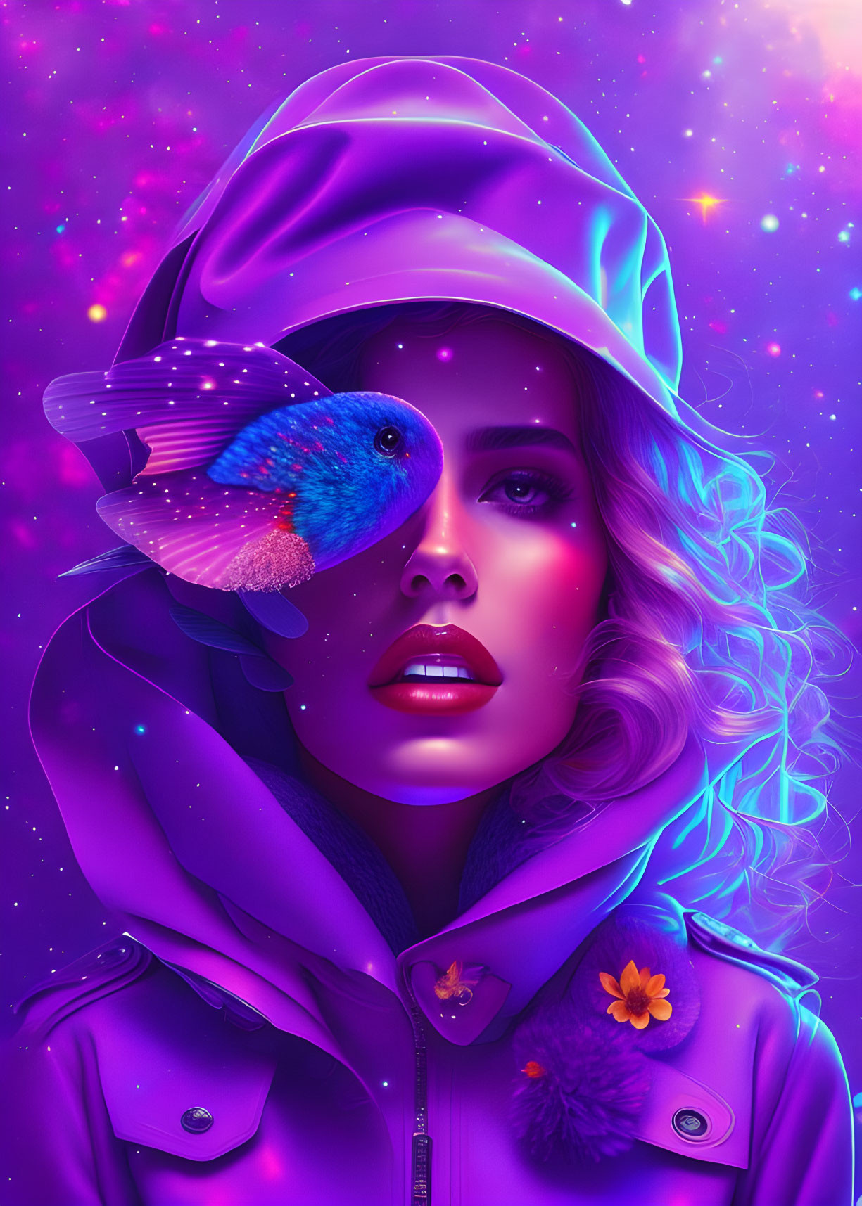 Colorful digital artwork of a woman with glowing skin and curly hair in purple attire, surrounded by a