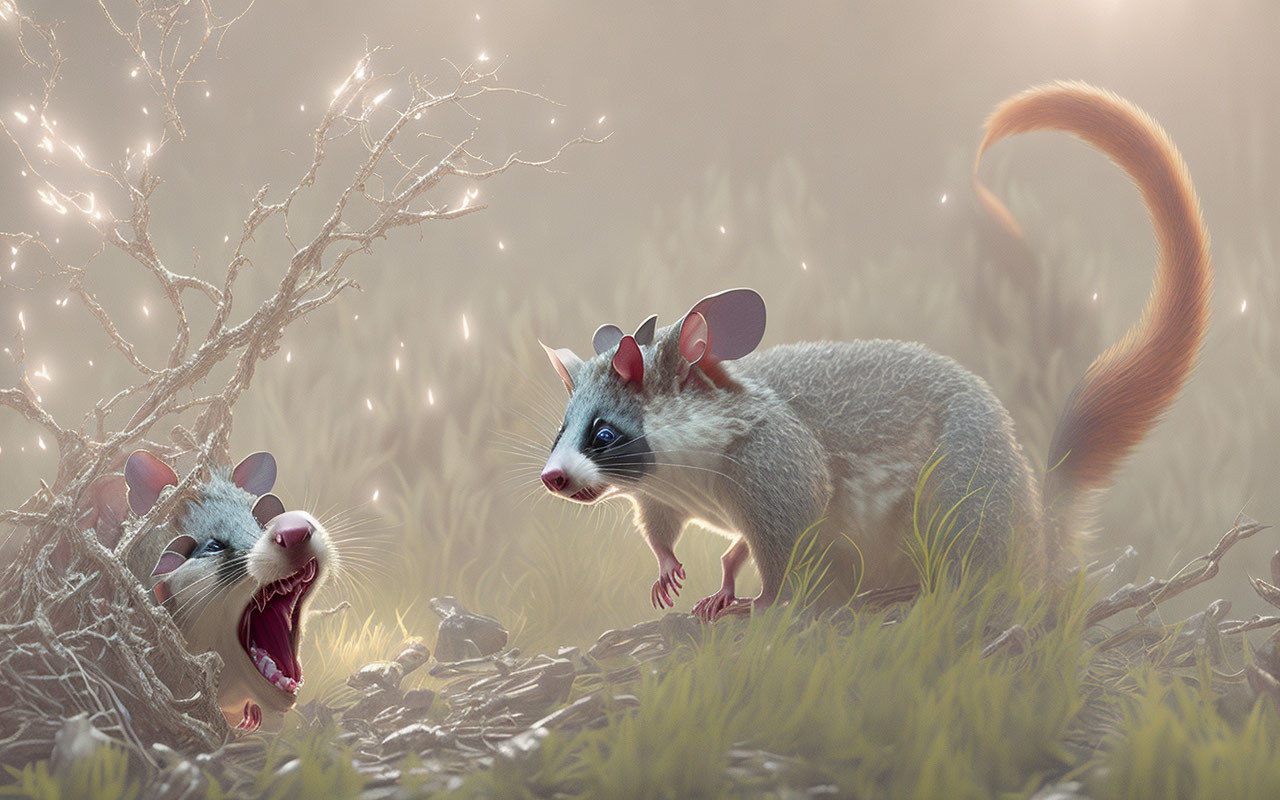 Animated mice in grassy field: one baring teeth, the other cautious under soft glow