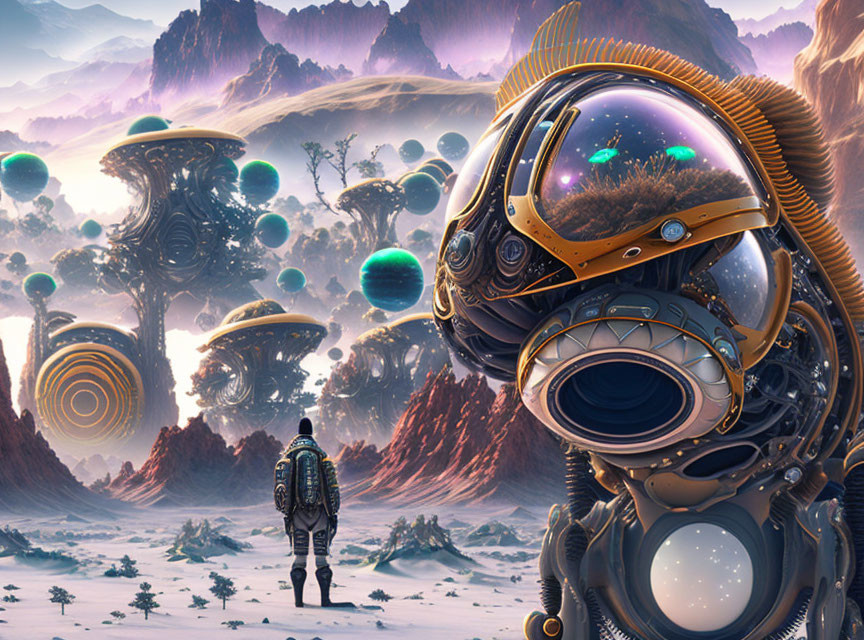 Spacesuit-clad figure faces giant mechanical being on alien planet with floating orbs.