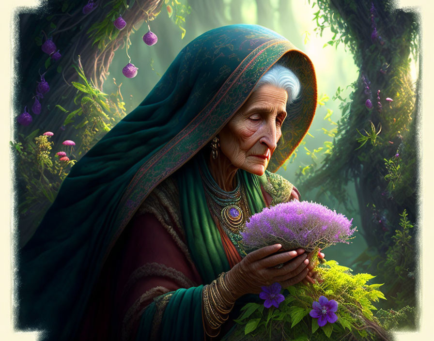 Elderly woman in green and teal cloak with purple flower in mystical forest