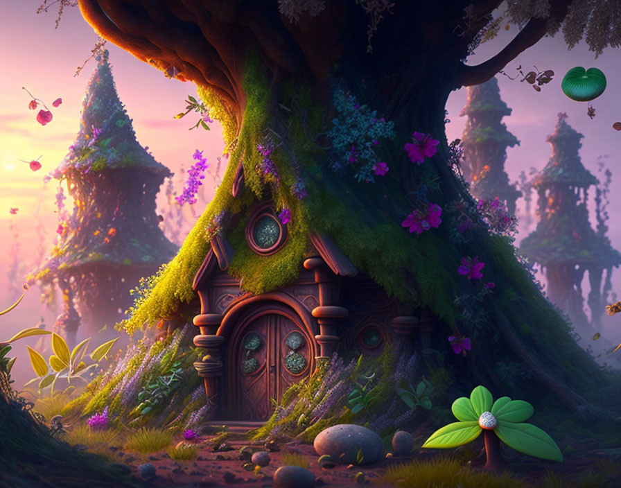 Mystical tree with fairy-tale door in vibrant floral forest