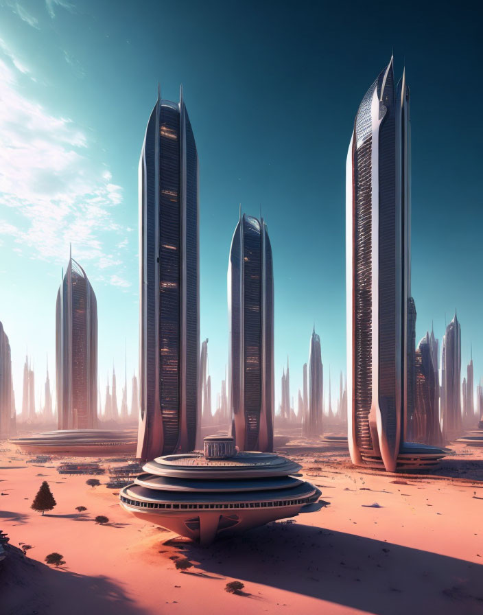 Futuristic cityscape with tall skyscrapers in desert landscape