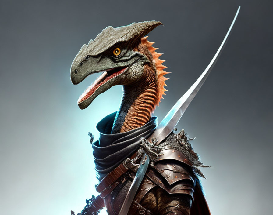 Velociraptor in knight armor wields sword on grey background