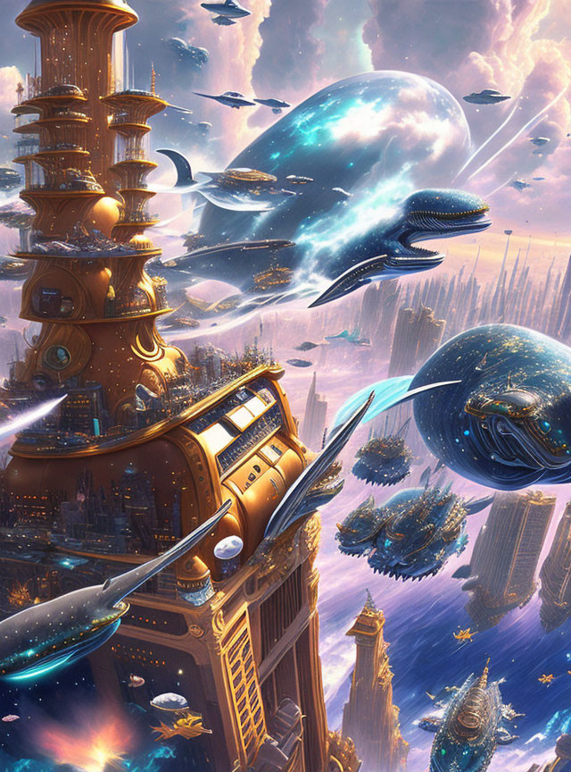 Futuristic cityscape with towering buildings and flying vehicles