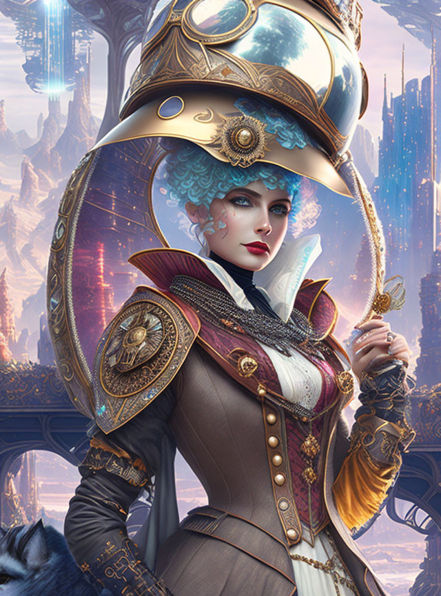 Steampunk-inspired female character with ornate hat and cane in futuristic cityscape