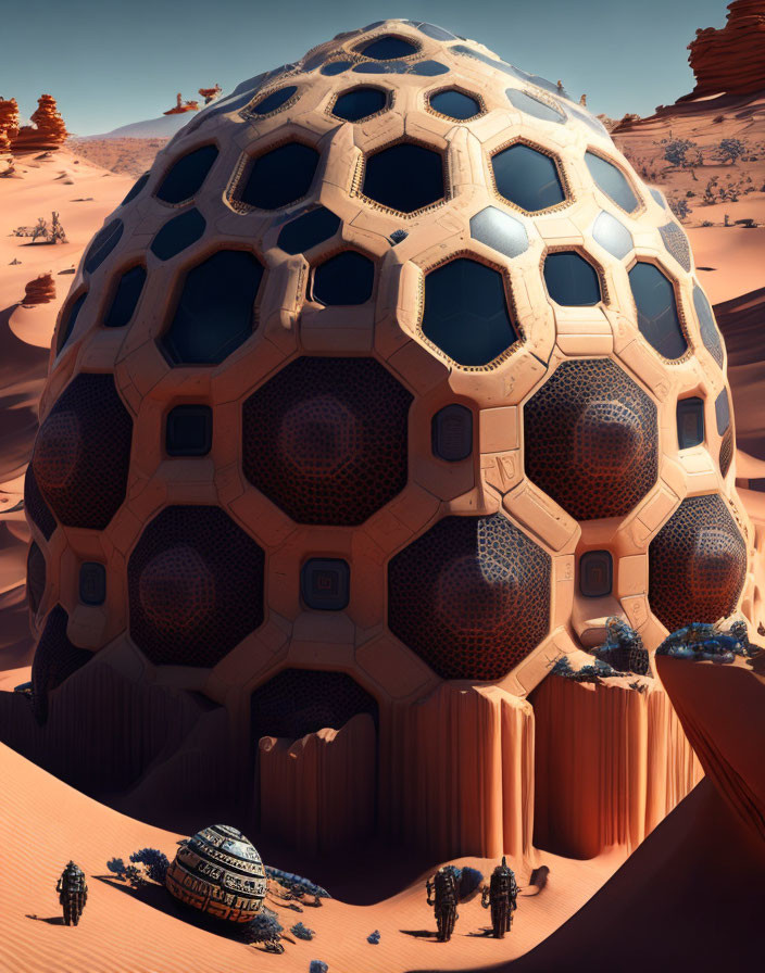 Hexagonal patterned domed structure in desert landscape