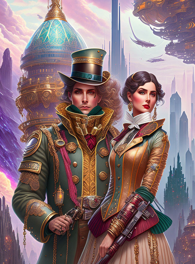 Steampunk-dressed man and woman in front of fantasy cityscape with floating ships and futuristic towers