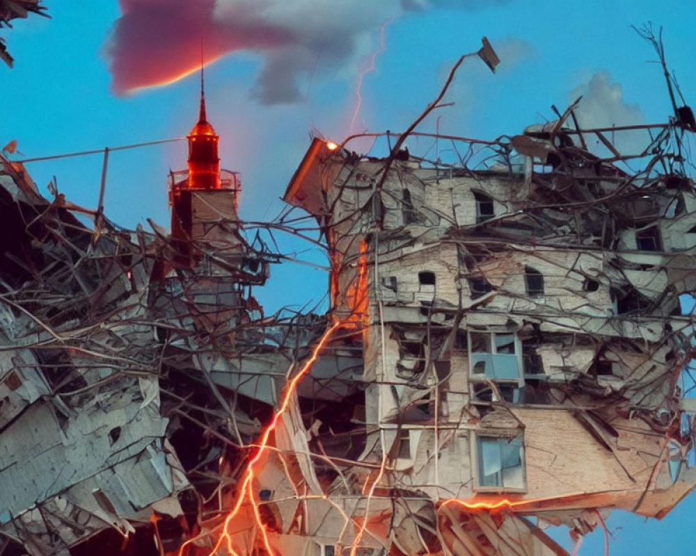 Abandoned building ruins with exposed wires and red signal light, lightning in dusk sky