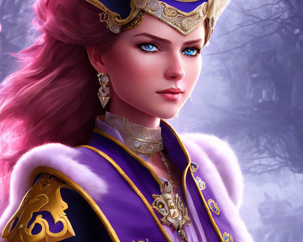 Digital artwork of woman with blue eyes and pink hair in royal blue and gold outfit