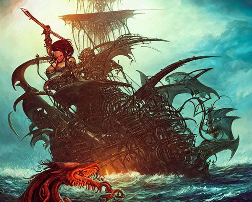 Fantastical sea battle with pirate ship, sea monster, and fierce female warrior