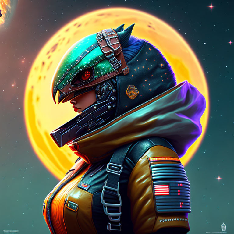 Futuristic astronaut in stylized suit against space backdrop