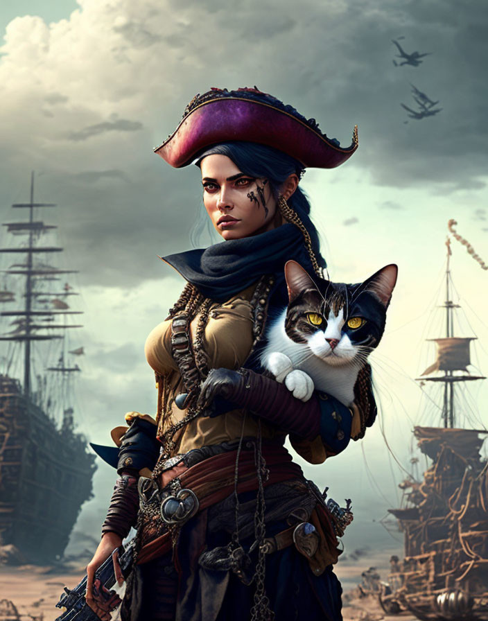 Female pirate with tricorne hat holding a cat amidst cloudy sky and ships