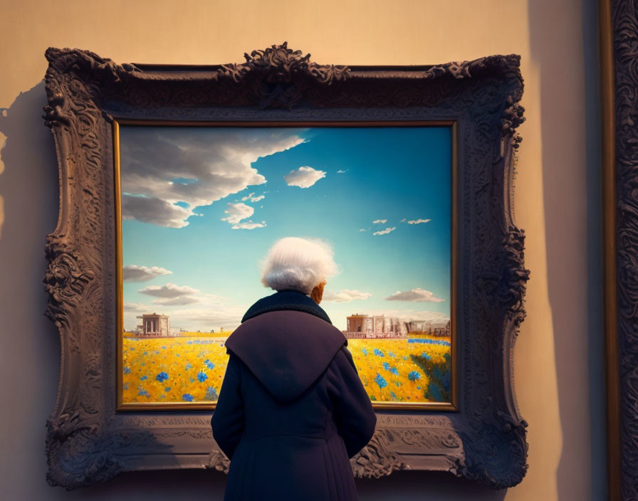 Elderly person admiring vibrant painting of blue sky and yellow flower field