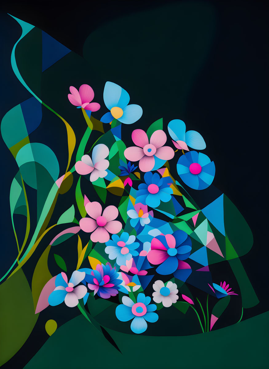 Colorful digital art: stylized flowers, leaves, geometric shapes on dark background