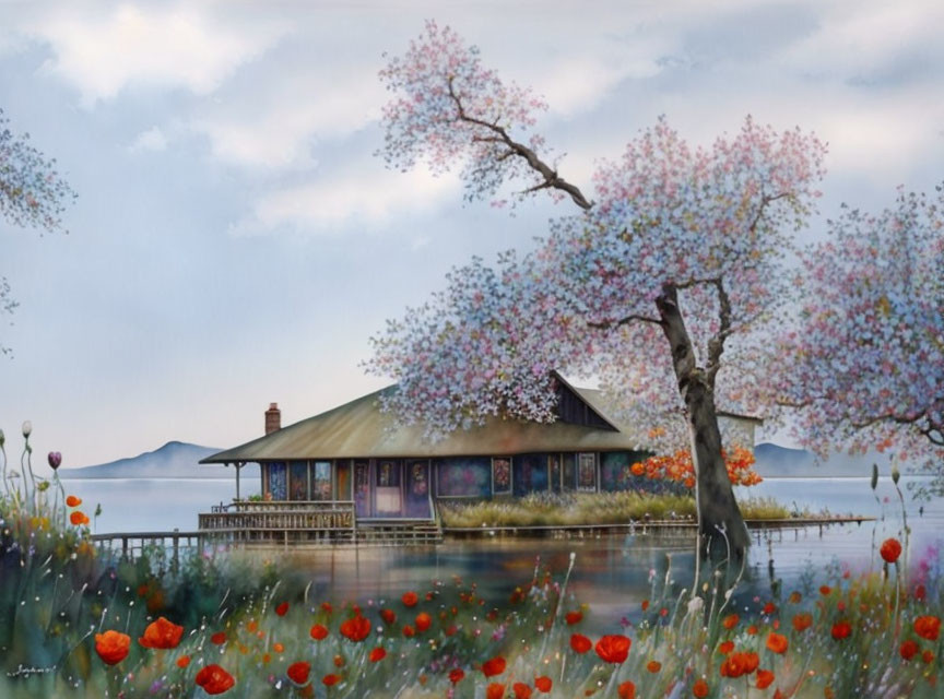 Tranquil lakeside house surrounded by blooming trees and wildflowers