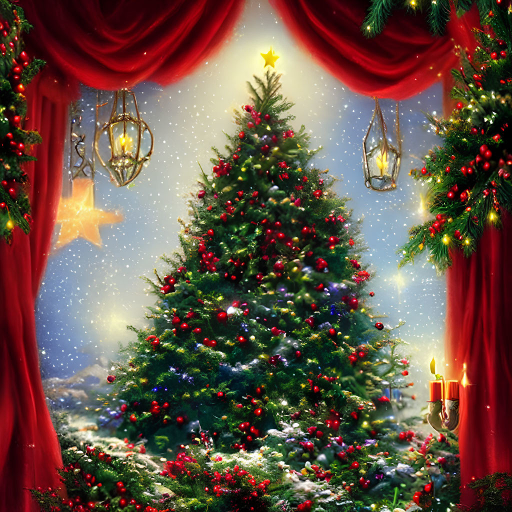 Festive Christmas tree with lights and ornaments in snowy scene