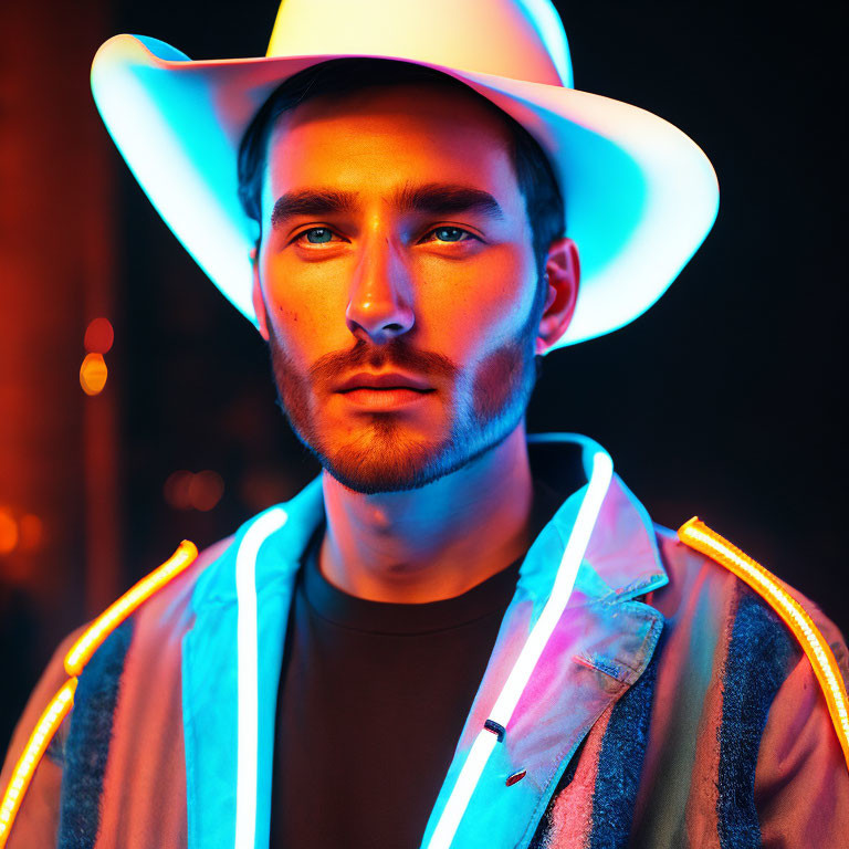 Serious man in white hat with neon trim under blue and orange lights