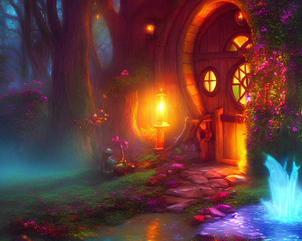 Enchanting forest scene: whimsical tree door, lantern, flowers, blue fountain