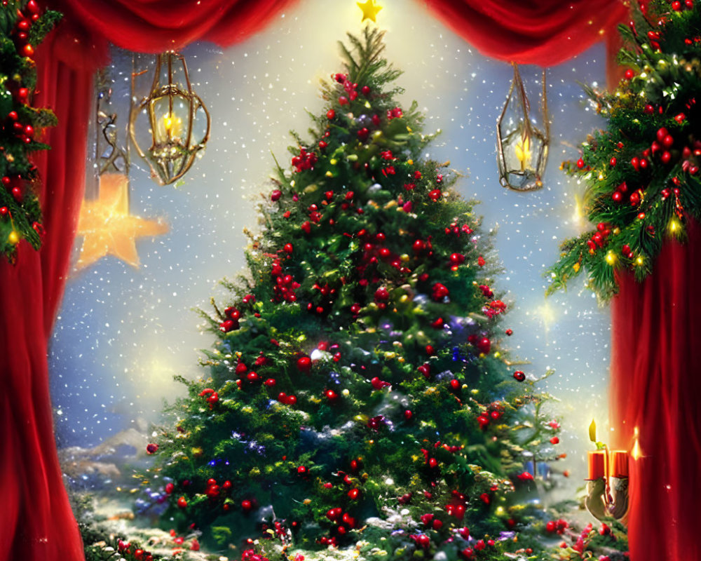 Festive Christmas tree with lights and ornaments in snowy scene